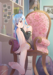 Rule 34 | 1girl, ahoge, artist request, barefoot, blue hair, blush, chair, feet, female focus, foot focus, from below, hair ornament, hand on own knee, licking lips, long hair, pov, sitting, soles, solo, toes, tongue, tongue out
