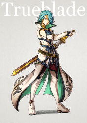 Rule 34 | 1girl, boots, fingerless gloves, fire emblem, fire emblem: path of radiance, fire emblem: radiant dawn, full body, gloves, green hair, grey background, gzei, hair over one eye, holding, holding sword, holding weapon, looking at viewer, lucia (fire emblem), nintendo, sheath, simple background, solo, sword, thighhighs, weapon, yellow eyes
