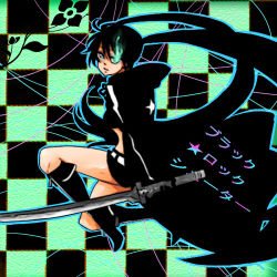 Rule 34 | 10s, 1girl, bad id, bad pixiv id, belt, bikini, bikini top only, black hair, black rock shooter, black rock shooter (character), boots, cloak, coat, female focus, flat chest, front-tie top, full body, gloves, glowing, glowing eyes, green eyes, hatsune miku, hood, hooded jacket, jacket, katana, knee boots, long hair, lowres, mario (gkmario), midriff, short shorts, shorts, solo, star (symbol), swimsuit, sword, twintails, uneven twintails, very long hair, vocaloid, weapon, zipper