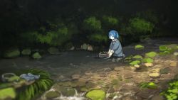 Rule 34 | 1girl, blue eyes, blue footwear, blue hair, boots, unworn boots, bucket, bush, cucumber, food, hair bobbles, hair ornament, hat, unworn hat, unworn headwear, kawashiro nitori, kitsune (kazenouta), landscape, leaf, long sleeves, matching hair/eyes, nature, partially submerged, plant, river, rock, rubber boots, scenery, shirt, short hair, skirt, skirt set, solo, standing, touhou, tree, two side up, vest, wading, water