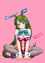 Rule 34 | 1girl, adapted costume, ahoge, animal ears, aqua bow, aqua bowtie, bow, bowtie, braid, breasts, detached collar, fake animal ears, fishnet pantyhose, fishnets, green hair, grey pantyhose, kantai collection, large breasts, leotard, long hair, lotus position, moke ro, mole, mole under mouth, navel, pantyhose, pink background, playboy bunny, purple leotard, rabbit ears, simple background, single braid, sitting, solo, strapless, strapless leotard, thighband pantyhose, tongue, tongue out, very long hair, wrist cuffs, yuugumo (kancolle)