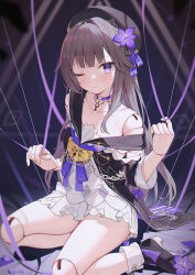 Rule 34 | 1girl, absurdres, beret, black footwear, black hat, blush, brown hair, choker, closed mouth, commentary request, doll, doll joints, flower, hair flower, hair ornament, hand up, hat, herta (honkai: star rail), highres, honkai: star rail, honkai (series), jewelry, joints, key, key necklace, lock, long hair, looking at viewer, neckerchief, necklace, off shoulder, one eye closed, puppet, purple choker, purple eyes, purple flower, purple neckerchief, shoes, sitting, solo, thighs, toki (1243309499), yokozuwari