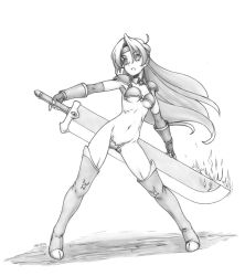 Rule 34 | 1girl, armor, armpits, bikini armor, boots, borrowed character, breasts, commentary request, contrapposto, full body, greyscale, harumachi nagaaki, legs apart, long hair, looking to the side, monochrome, navel, simple background, solo, standing, strapless bottom, sword, thigh boots, thighhighs, underboob, very long hair, warrior, weapon, white background, wide stance