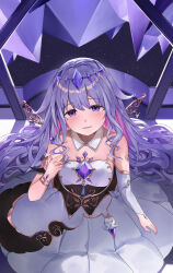 Rule 34 | 1girl, absurdres, blush, detached collar, dress, eyelashes, from above, gem, hair between eyes, highres, hololive, hololive english, koseki bijou, koseki bijou (1st costume), long hair, looking at viewer, parted lips, pink hair, purple eyes, purple gemstone, purple hair, sitting, sky, sleeveless, sleeveless dress, solo, star (sky), starry sky, tomone43, very long hair, virtual youtuber, white dress, wings