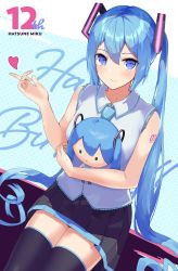 Rule 34 | 1girl, bad id, bad pixiv id, black skirt, black thighhighs, blue eyes, blue hair, blue necktie, character name, closed mouth, collared shirt, hair between eyes, hair ornament, hatsune miku, highres, holding, index finger raised, long hair, looking at viewer, miniskirt, necktie, osanzi, pleated skirt, shirt, sitting, skirt, sleeveless, sleeveless shirt, smile, solo, thighhighs, twintails, very long hair, vocaloid, white shirt, wing collar, zettai ryouiki