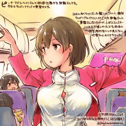 Rule 34 | 10s, 3girls, :d, airplane interior, breasts, brown eyes, brown hair, buttons, check commentary, colored pencil (medium), commentary request, dated, flight attendant, fubuki (kancolle), hair between eyes, hatsuyuki (kancolle), hiryuu (kancolle), jacket, kantai collection, kirisawa juuzou, large breasts, long sleeves, multiple girls, numbered, open mouth, peach (airline), pink jacket, shirt, short hair, short ponytail, smile, traditional media, translation request, travel attendant, twitter username, white shirt