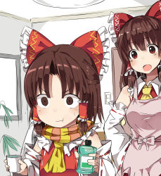 Rule 34 | 2girls, :o, :t, apron, benikurage (cookie), benjamin button suukina jinsei, blank eyes, blunt bangs, blush, bottle, bow, brown hair, ceiling light, closed mouth, cookie (touhou), cowboy shot, cup, detached sleeves, door, drinking, empty eyes, eyebrows, frilled bow, frills, hair bow, hair tubes, hakurei reimu, hand on own hip, holding, holding bottle, holding cup, indoors, kanna (cookie), light switch, long sleeves, multiple girls, necktie, open mouth, pink apron, pink bow, plant, potted plant, red bow, red eyes, red vest, scarf, sidelocks, sketch, sleeveless, standing, striped clothes, striped scarf, surprised, tareme, touhou, upper body, vest, water, wavy hair, window, yellow necktie