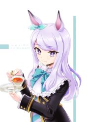 Rule 34 | 1girl, animal ears, as&#039;maria, black coat, bow, bowtie, closed mouth, coat, cup, ear bow, holding, holding cup, holding saucer, horse ears, long sleeves, looking at viewer, mejiro mcqueen (umamusume), purple eyes, purple hair, saucer, smile, solo, tea, teacup, umamusume, upper body