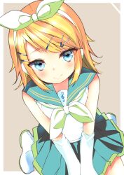 Rule 34 | absurdres, alternate color, bare shoulders, blonde hair, blue eyes, boots, bow, brown background, detached sleeves, dutch angle, flat chest, green bow, green neckerchief, green skirt, hair bow, hair ornament, hairclip, headphones, headset, highres, kagamine rin, kanoe nagi, light blush, looking at viewer, looking up, neckerchief, own hands together, pleated skirt, sailor collar, sailor shirt, shirt, short hair, sitting, skirt, sleeveless, sleeveless shirt, smile, solo, swept bangs, treble clef, tsurime, vocaloid, wariza, white bow, white footwear