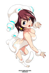 Rule 34 | 1girl, blue eyes, breasts, cleavage, dated, earrings, full body, hat, jewelry, large breasts, original, red hair, revealing clothes, ryu (ryu&#039;s form site), short hair, simple background, solo, white background, white legwear