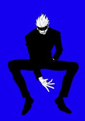 Rule 34 | 1boy, blindfold, blue background, flat color, full body, gojou satoru, grin, hand in pocket, happy, highres, invisible chair, jacket, jujutsu kaisen, long sleeves, male focus, monochrome, pants, sharp teeth, shoes, short hair, simple background, sitting, sketch, smile, solo, spread legs, teeth, tenobe