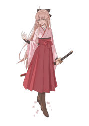 Rule 34 | 1girl, :d, ahoge, alternate hair length, alternate hairstyle, arm guards, blonde hair, boots, bow, brown footwear, cherry blossoms, commentary request, cross-laced footwear, fate (series), full body, hair bow, hakama, hakama skirt, japanese clothes, katana, kimono, koha-ace, lace-up boots, long hair, okita souji (fate), okita souji (koha-ace), open mouth, oshage (osyage921), pink kimono, red hakama, sheath, sheathed, simple background, skirt, smile, solo, standing, sword, very long hair, weapon, white background, yellow eyes