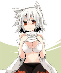 Rule 34 | 1girl, animal ears, bare shoulders, blush, bra, breasts, cleavage, clothes lift, detached sleeves, female focus, highres, inubashiri momiji, large breasts, lingerie, maturiuta sorato, no headwear, red eyes, shirt lift, short hair, silver hair, simple background, skirt, solo, touhou, underwear, upper body, wolf ears