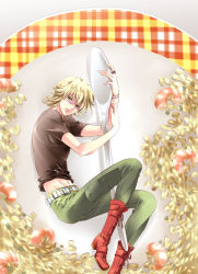 Rule 34 | 10s, 1boy, bad id, bad pixiv id, barnaby brooks jr., belt, blonde hair, boots, cm pa, food, fried rice, glasses, green eyes, jewelry, male focus, mini person, miniboy, necklace, plate, ring, shirt, shrimp, solo, spoon, studded belt, t-shirt, tiger &amp; bunny