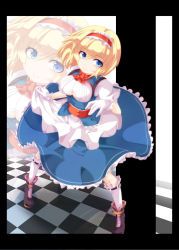 Rule 34 | 1girl, adapted costume, alice margatroid, blonde hair, blue eyes, breasts, checkered floor, female focus, floor, gloves, highres, meracle, smile, solo, touhou, white gloves, zoom layer