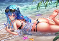 Rule 34 | 1girl, alternate costume, ass, barefoot, beach, bikini, black bikini, blue eyes, blue hair, blush, breasts, closed mouth, day, earrings, eyelashes, eyewear on head, feet, foot out of frame, foot up, from side, hair between eyes, hand up, head rest, highres, hololive, hoshimachi suisei, jagoo, jewelry, long hair, looking at viewer, lying, ocean, off shoulder, on stomach, outdoors, sand, see-through, see-through shirt, shiny skin, shirt, sidelocks, small breasts, smile, soles, solo, star (symbol), star in eye, starfish, sunglasses, swimsuit, symbol in eye, thighs, toes, variant set, virtual youtuber, water, wet, wet clothes, wet shirt