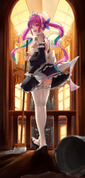 Rule 34 | 1girl, absurdres, ahoge, alternate costume, aqua hair, aqua nails, arch, arm garter, back, backless outfit, black dress, black footwear, black sleeves, blurry, blurry foreground, blush, bow, breasts, bridal garter, broom, bucket, clothes lift, detached sleeves, dress, dress lift, enmaided, floating hair, frilled hairband, frills, full body, hair ribbon, hairband, highres, holding, holding broom, hololive, indoors, large breasts, legs, long sleeves, looking at viewer, looking back, maid, maid headdress, mary janes, minato aqua, multicolored hair, nail polish, open mouth, pink eyes, pink hair, railing, ribbon, ribbon trim, shoes, shoulder blades, sidelocks, solo, spill, standing, surprised, thighhighs, toi1et paper, twintails, virtual youtuber, water, white bow, white hairband, white thighhighs, wide sleeves, wooden floor