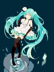 Rule 34 | 1girl, aqua eyes, aqua hair, bare shoulders, dress, elbow gloves, female focus, full body, gloves, hatsune miku, highres, jewelry, long hair, midori (willasama), necklace, plant, simple background, solo, thighhighs, twintails, very long hair, vocaloid