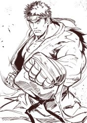 Rule 34 | &gt;:(, 1boy, asutora, bandages, bandaged hand, bandages, belt, clenched hands, closed mouth, commentary request, cowboy shot, fighting stance, fingerless gloves, foreshortening, frown, gloves, greyscale, headband, highres, looking at viewer, male focus, monochrome, muscular, ryu (street fighter), simple background, sketch, sleeveless, solo, standing, street fighter, torn clothes, v-shaped eyebrows, white background