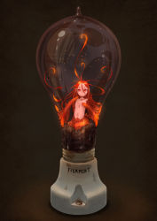 Rule 34 | 1girl, :o, bad id, bad pixiv id, bird, black background, breasts, female focus, glowing, hair between eyes, light bulb, long hair, mini person, minigirl, navel, nucomas, nude, open mouth, orange hair, original, personification, phoenix, red eyes, red hair, sitting, small breasts, solo, surprised, topless, winged arms, wings