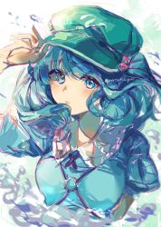 Rule 34 | 1girl, absurdres, ayatsuki sugure, blue eyes, blue hair, blue shirt, blush, collar, collared shirt, commentary request, flat cap, green hat, hair bobbles, hair ornament, hat, highres, kawashiro nitori, medium hair, open mouth, puffy short sleeves, puffy sleeves, shirt, short sleeves, short twintails, sidelocks, simple background, solo, touhou, twintails, twitter username, two side up, upper body, water, white background, white collar