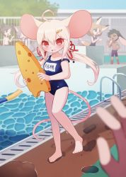 Rule 34 | 1other, 2boys, 3girls, ahoge, animal ears, blue one-piece swimsuit, blue school swimsuit, blurry, blurry foreground, blush, cat ears, day, embarrassed, fence, fox ears, fox tail, hair ornament, hairclip, highres, holding, jammers, kickboard, looking at viewer, low twintails, male swimwear, masyu ori, mouse ears, mouse tail, multiple boys, multiple girls, name tag, one-piece swimsuit, open mouth, original, outdoors, pool, poolside, purple jammers, purple male swimwear, rabbit ears, red eyes, strap slip, swimsuit, tail, topless male, twintails, water, waving, wet, white hair