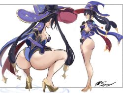 Rule 34 | 1girl, ass, black gloves, black hair, black ribbon, blue capelet, blue hat, blue leotard, breasts, capelet, commentary, english commentary, from behind, from side, genshin impact, gloves, gold footwear, hair behind ear, hair ornament, hat, hat ribbon, high heels, highleg, highleg leotard, highres, leotard, mona (genshin impact), nape, rakeemspoon, ribbon, ripples, sidelocks, simple background, sketch, small breasts, solo, squatting, thighhighs, thighlet, thighs, twintails, white background, witch hat