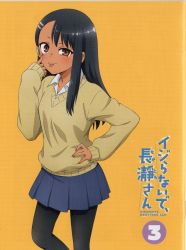 Rule 34 | 1girl, :d, akanbe, black hair, black pantyhose, blue skirt, color halftone, copyright name, cowboy shot, dark-skinned female, dark skin, eyelid pull, finger to eye, hair ornament, hairclip, highres, ijiranaide nagatoro-san, nagatoro hayase, official art, open mouth, orange background, pantyhose, pleated skirt, scan, simple background, skirt, sleeves past wrists, smile, solo, sweater, tongue, tongue out, uneven eyes, yellow sweater