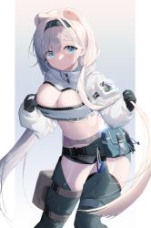Rule 34 | 1girl, animal ears, arknights, aurora (arknights), bear ears, black gloves, blue eyes, breasts, chaps, cleavage, cleavage cutout, clothing cutout, cowboy shot, crop top, cropped jacket, gloves, grey shorts, highres, jacket, large breasts, long hair, long sleeves, looking at viewer, midriff, navel, sayun (5 to 16 ), short shorts, shorts, solo, standing, stomach, thighs, very long hair, white hair, white jacket