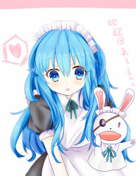 Rule 34 | 1girl, absurdres, alternate costume, apron, black dress, blue eyes, blue hair, blush, commentary request, date a live, dress, enmaided, eyepatch, frilled apron, frills, green ribbon, hair between eyes, hand puppet, heart, highres, leaning forward, long hair, looking at viewer, maid, maid apron, maid headdress, neck ribbon, puffy short sleeves, puffy sleeves, puppet, ribbon, short sleeves, simple background, solo, tareme, tengxiang lingnai, translation request, white apron, white background, yoshino (date a live), yoshinon