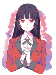 Rule 34 | 1girl, black hair, blazer, blush, breasts, collared shirt, commentary, cropped torso, dress shirt, fingernails, hands up, jabami yumeko, jacket, kakegurui, large breasts, long hair, looking at viewer, meito (maze), nail polish, own hands together, parted lips, pink nails, red eyes, red jacket, school uniform, shirt, smile, solo, upper body, white background, white shirt