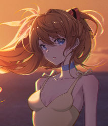 Rule 34 | 1girl, armpits, artist request, backlighting, bare arms, blue background, blue eyes, breasts, brown hair, choker, cleavage, closed mouth, collarbone, dress, evening, floating hair, hair between eyes, lips, long hair, medium breasts, neon genesis evangelion, sleeveless, sleeveless dress, solo, souryuu asuka langley, standing, two side up, upper body, very long hair, yellow dress