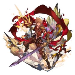 Rule 34 | 1boy, albert (shingeki no bahamut), blonde hair, boots, cape, clenched hand, dagger, dragalia lost, electricity, full body, gauntlets, holding, holding sword, holding weapon, knife, lightning, looking at viewer, male focus, non-web source, official art, red cape, red eyes, saitou naoki, solo, standing, sword, transparent background, weapon