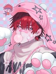 Rule 34 | 1boy, animal hands, animal hat, bandaid, bandaid on cheek, bandaid on face, bandaid on nose, black shirt, candy, chain, chain necklace, chewing gum, chibi, earrings, food, gumball, gyuing666, hat, highres, jewelry, male focus, necklace, original, red eyes, red hair, shirt, short hair, simple background, solo, two-tone shirt, white shirt
