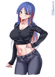 Rule 34 | 1girl, artist name, black shirt, blue hair, blue nails, blush, breasts, cleavage, collarbone, commentary request, cowboy shot, crop top, cropped legs, cropped shirt, denim, ebifurya, grey eyes, grin, hand on own hip, highres, jeans, kantai collection, large breasts, long hair, long sleeves, looking at viewer, midriff, multicolored hair, nail polish, navel, one-hour drawing challenge, pants, parted bangs, red hair, shirt, simple background, sleeves past wrists, smile, solo, south dakota (kancolle), streaked hair, thighs, twitter username, white background, white hair