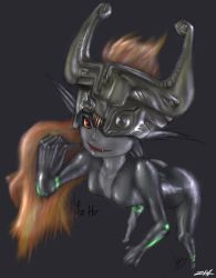 Rule 34 | 1girl, ass, bare shoulders, bent over, black skin, body markings, breasts, collarbone, colored sclera, colored skin, english text, fang, giggling, glowing tattoo, grey background, grin, headpiece, helmet, laughing, levo, long hair, long pointy ears, looking at viewer, midna, multicolored skin, neon trim, nintendo, nude, orange hair, pointy ears, red eyes, sexually suggestive, shiny skin, signature, simple background, small breasts, smile, solo, tattoo, the legend of zelda, the legend of zelda: twilight princess, yellow sclera