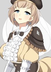 Rule 34 | 1girl, blonde hair, blue eyes, bow, breasts, dress, earrings, fire emblem, fire emblem: three houses, flower, grey background, hat, highres, jewelry, kocha (jgug7553), large breasts, long sleeves, looking at viewer, mercedes von martritz, nintendo, open mouth, parted lips, short hair, simple background, solo, upper body, veil