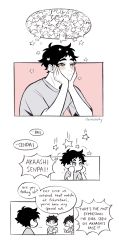Rule 34 | !, !!, ..., 3boys, absurdres, adam&#039;s apple, akaashi keiji, artist name, bare arms, black hair, blue eyes, blush, character name, chibi, claireiosity, closed mouth, comic, curly hair, english text, eyebrows, fingernails, grey shirt, haikyuu!!, half-closed eyes, hand on own face, hands on own face, highres, male focus, multiple boys, pale skin, pink background, shirt, short hair, short sleeves, slit pupils, speech bubble, star (sky), star (symbol), stitched, surprised, t-shirt, talking, thinking, third-party edit, thought bubble, twitter username, two-tone background, watermark, white background, wide-eyed