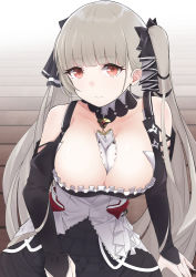 Rule 34 | 1girl, absurdres, azur lane, bare shoulders, between breasts, black dress, black gloves, black nails, breasts, bridal gauntlets, cleavage, dress, elbow gloves, flight deck, formidable (azur lane), frilled dress, frills, gloves, grey hair, highres, large breasts, long hair, long sleeves, looking at viewer, nail polish, red eyes, seijun (seijun01), sitting, smile, solo, twintails, two-tone dress, two-tone ribbon, very long hair, white dress