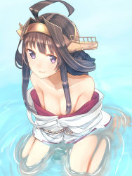 Rule 34 | 10s, 1girl, absurdres, ahoge, baffu, bare legs, bare shoulders, barefoot, breasts, cleavage, collarbone, hair bun, headgear, highres, in water, kantai collection, kongou (kancolle), long hair, nontraditional miko, off shoulder, purple eyes, ribbon trim, sidelocks, single hair bun, sitting, small breasts, smile, solo, wariza