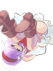 Rule 34 | 1girl, asamiya athena, ass, boots, hairband, highres, jewelry, legs up, meke (77842928), necklace, pearl necklace, purple eyes, purple hair, shirt, skirt, snk, the king of fighters