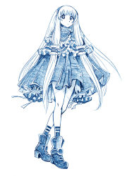 Rule 34 | 10s, 1girl, ankle boots, aoki hagane no arpeggio, bbb (friskuser), blue theme, boots, buttons, capelet, commentary request, dress, frilled sleeves, frills, full body, hair ornament, hair tubes, hairband, highres, i-402 (aoki hagane no arpeggio), kneehighs, long hair, long sleeves, looking at viewer, monochrome, revision, shoes, sidelocks, simple background, sleeves past wrists, socks, solo, standing, very long hair, white background