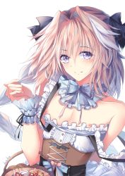 Rule 34 | 1boy, absurdres, arm behind back, astolfo (fate), bare arms, bare shoulders, basket, black bow, black ribbon, blue bow, blue bowtie, blush, bow, bowtie, braid, buttons, center frills, collarbone, commentary request, cross-laced clothes, detached collar, dot nose, eyes visible through hair, fang, fate/apocrypha, fate (series), frills, hair between eyes, hair bow, hair intakes, hand up, head tilt, highres, light smile, long braid, looking at viewer, male focus, multicolored hair, nipples, pink bow, pink hair, purple eyes, ribbon, short hair with long locks, signature, simple background, single braid, sleeveless, solo, split mouth, strap gap, strap slip, streaked hair, trap, two-tone hair, upper body, white background, white hair, white ribbon, wrist cuffs