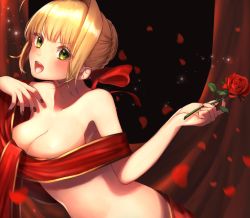 Rule 34 | 1girl, :d, ahoge, black background, blonde hair, blush, braid, braided bun, breasts, collarbone, commentary request, curtains, fate/grand order, fate (series), flower, green eyes, hair bun, hair intakes, hands up, head tilt, highres, holding, holding flower, light particles, looking at viewer, medium breasts, nail polish, nero claudius (fate), nero claudius (fate) (all), nero claudius (fate/extra), nude, official alternate costume, open mouth, petals, red flower, red nails, red rose, rose, rose petals, short hair, sidelocks, smile, solo, upper body, v-shaped eyebrows, yayoi maka