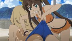 Rule 34 | 10s, 2girls, animated, animated gif, ass, backboob, blonde hair, breasts, brown hair, cecilia alcott, evil smile, green eyes, hair ribbon, huang lingyin, infinite stratos, large breasts, long hair, lying, multiple girls, navel, on stomach, ribbon, smile, sunbathing, twintails, wedgie