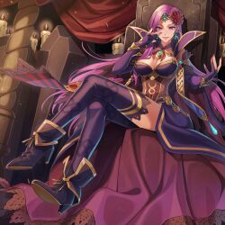 Rule 34 | 1girl, absurdres, alternate costume, ankle boots, boots, breasts, candle, cape, capelet, cleavage, commission, commissioner upload, dress, fingernails, fire emblem, fire emblem echoes: shadows of valentia, fire emblem heroes, gloves, hair ornament, hand up, highres, kuzunue, long hair, looking at viewer, medium breasts, nintendo, non-web source, official alternate costume, purple hair, seductive smile, sitting, smile, solo, sonya (beautiful mage) (fire emblem), sonya (fire emblem gaiden), thighhighs, throne, tiara