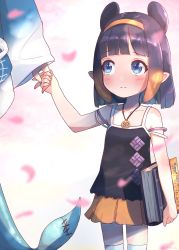 Rule 34 | 2girls, aged down, bare shoulders, blue eyes, blunt bangs, blurry, blurry foreground, blush, book, camisole, child, closed mouth, collarbone, fins, fish tail, gawr gura, hairband, highres, holding, holding book, holding hands, hololive, hololive english, jewelry, kiirokuma, kneehighs, looking to the side, mole, mole under eye, multiple girls, necklace, ninomae ina&#039;nis, no nose, orange hair, orange hairband, orange skirt, petals, shark tail, shirt, shorts, skindentation, skirt, socks, solo focus, striped, tail, tentacle hair, thighhighs, virtual youtuber