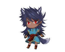 Rule 34 | 1boy, animal ears, blue hair, chibi, closed mouth, clothing cutout, dark-skinned male, dark blue hair, dark skin, earrings, elbow gloves, fate/grand order, fate (series), full body, gloves, greco-roman clothes, highres, jewelry, long hair, male focus, necklace, onasu (sawagani), red eyes, roman clothes, romulus quirinus (fate), short sleeves, side cutout, solo, tail, transparent background, very long hair, wolf boy, wolf ears, wolf tail