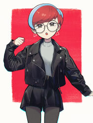 Rule 34 | 1girl, :o, absurdres, alternate costume, black jacket, black shorts, blue hair, border, commentary request, cowboy shot, creatures (company), earrings, game freak, glasses, grey sweater, hand up, highres, jacket, jewelry, long sleeves, multicolored hair, nintendo, nori (hgdm2784), open clothes, open jacket, open mouth, outside border, pantyhose, penny (pokemon), pokemon, pokemon sv, red background, red hair, round eyewear, short hair, shorts, solo, sweater, two-tone hair, white border