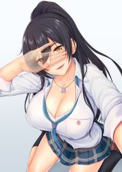 Rule 34 | 1girl, black hair, blush, breasts, cleavage, collarbone, commentary request, covering face, dog tags, dress shirt, green skirt, hair between eyes, highres, idolmaster, idolmaster shiny colors, large breasts, long hair, looking at viewer, necktie, parted lips, peeking through fingers, plaid, plaid skirt, pleated skirt, ponytail, reaching, reaching towards viewer, school uniform, selfie, shirase sakuya, shirt, shukurimu, skirt, sleeves rolled up, smile, solo, thighs, x-ray, yellow eyes